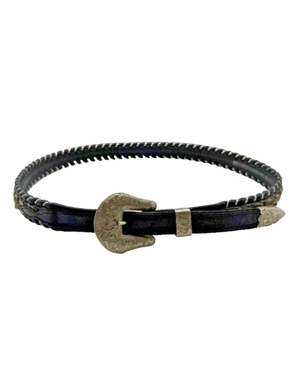 Vtg Al Beres Black Leather Belt Horsehair Detail German Silver Buckle Sz 34 USA